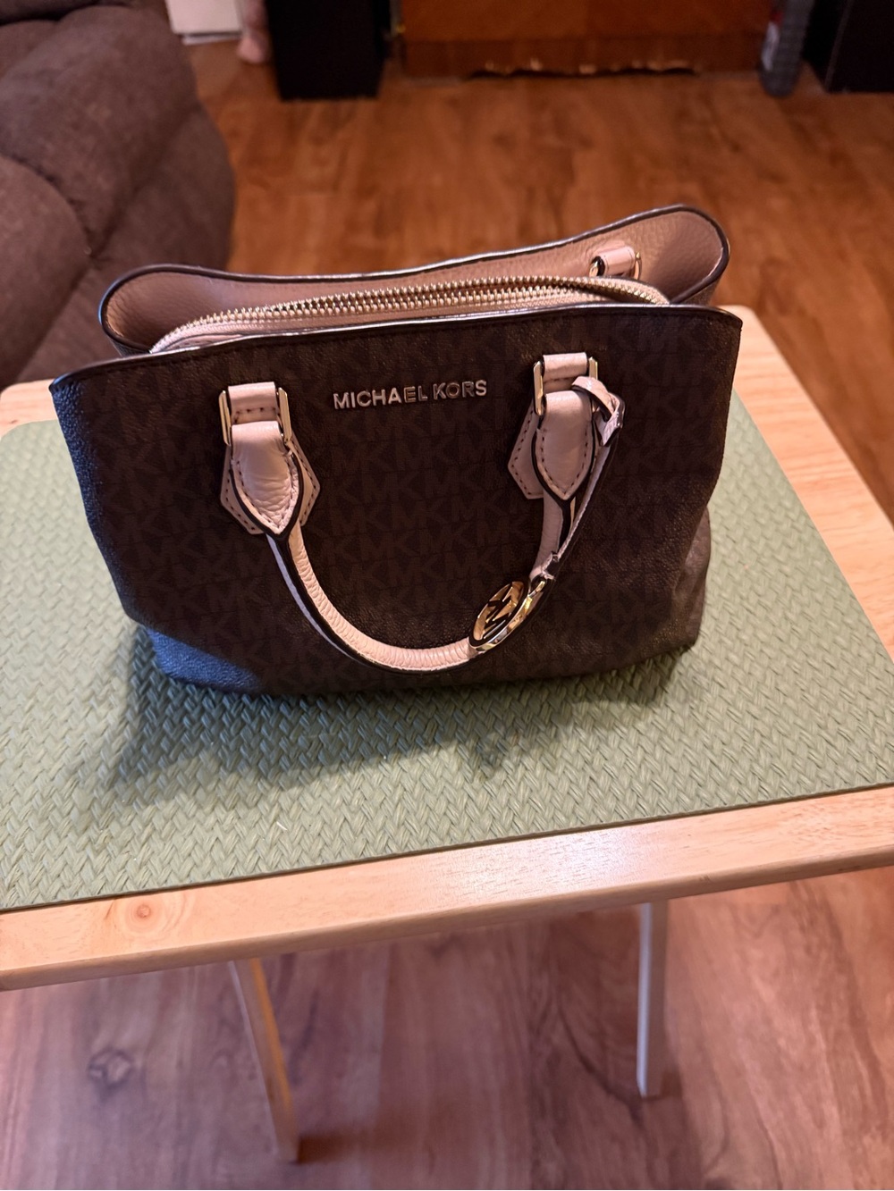 Michael Kors Brown Logo Satchel with blush Handles